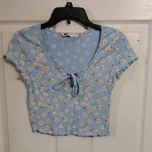SO Blue Crop Blouse with Tie Front and Short Sleeves